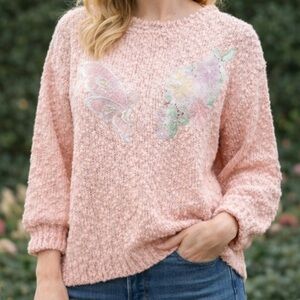 Vintage Women’s Large Yarn Works Pastel Pink Floral Detail Knit Light Weight Top
